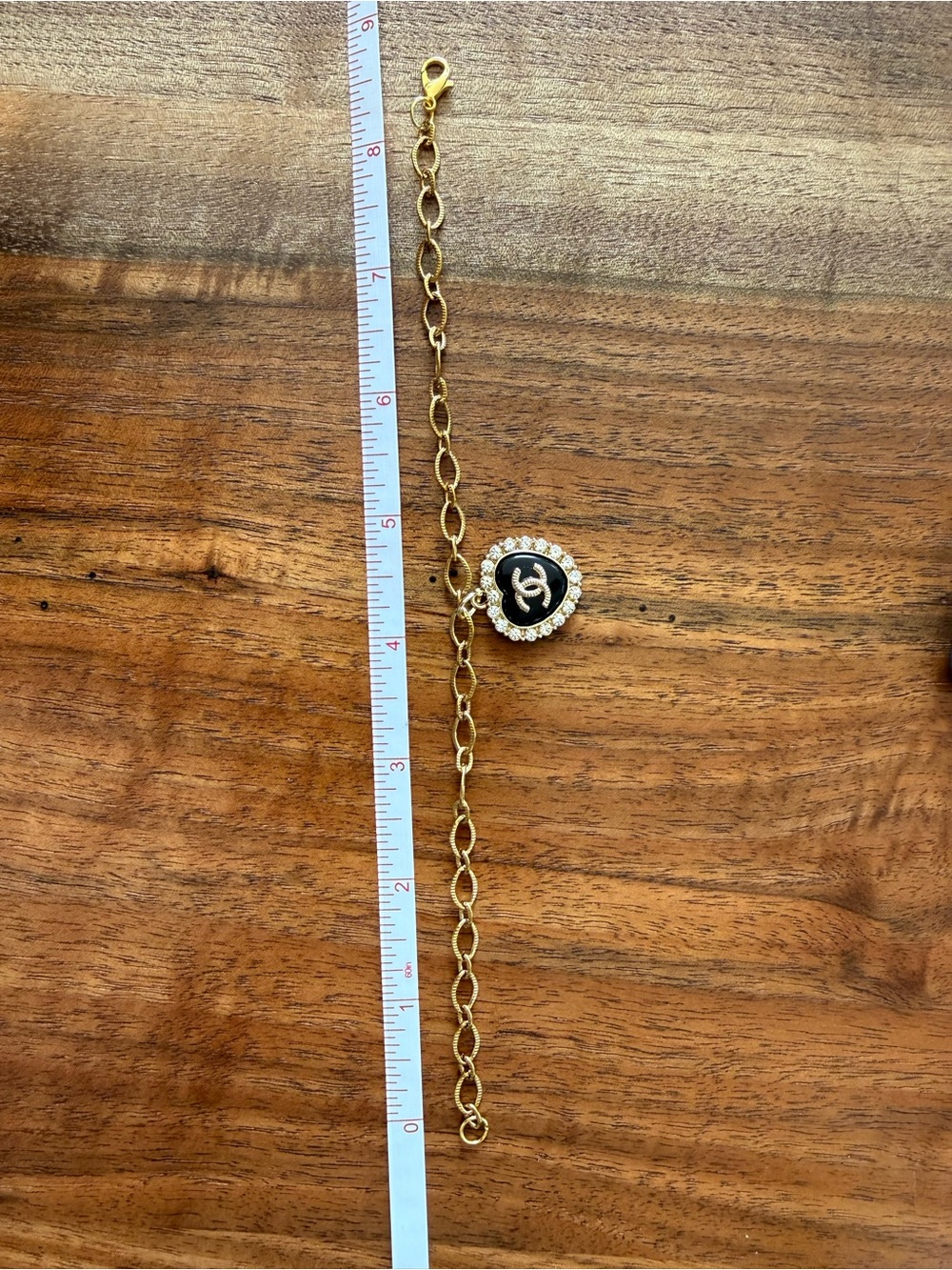 ChaneI Black Heart 🖤 Pendant Charm Gold Tone Bracelet with Crystal Halo - Picture 3 of 6